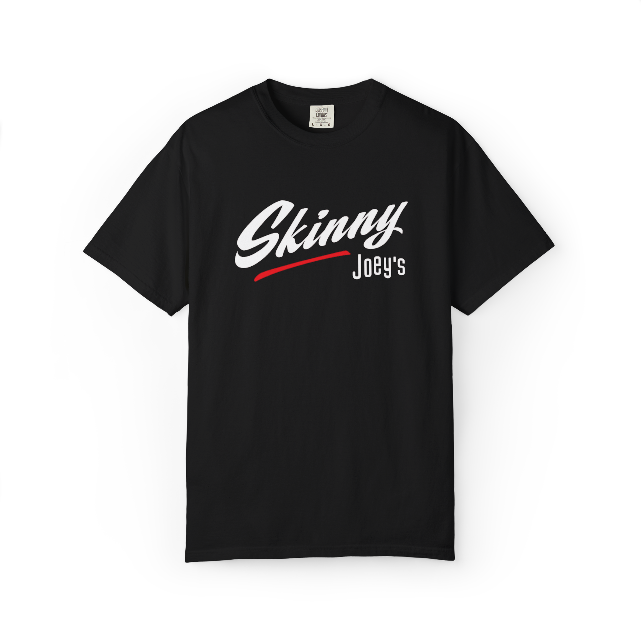 Black t-shirt with 'Skinny Joey's' text on a white background