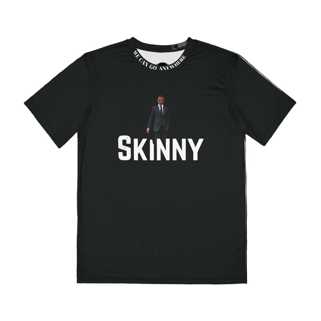 Black t-shirt with a graphic and text on a white background