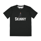 Black t-shirt with a graphic and text on a white background