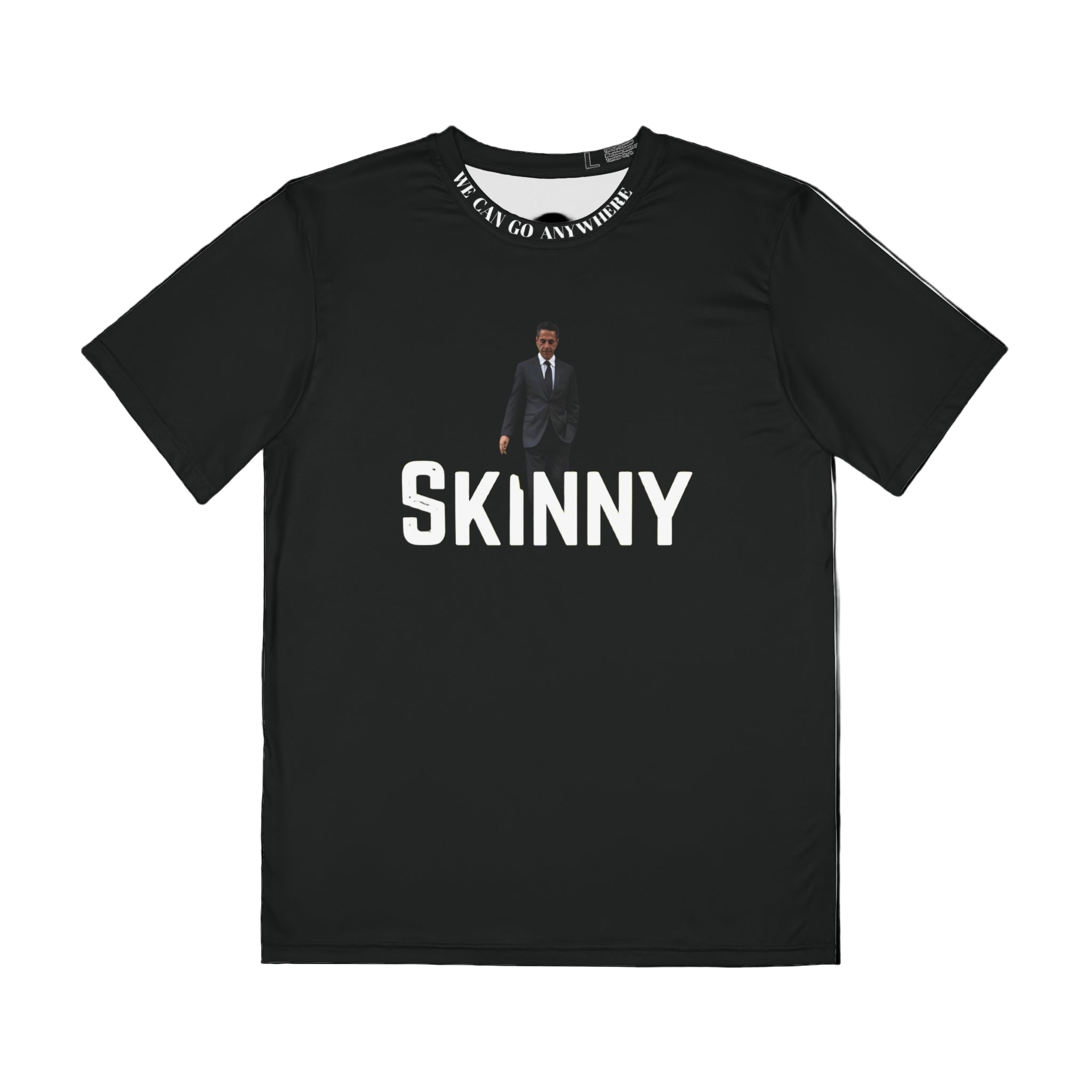 Black t-shirt with a graphic and text on a white background
