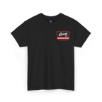 Black t-shirt with a logo on the chest against a white background