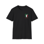 Black t-shirt with a small logo on the chest against a white background