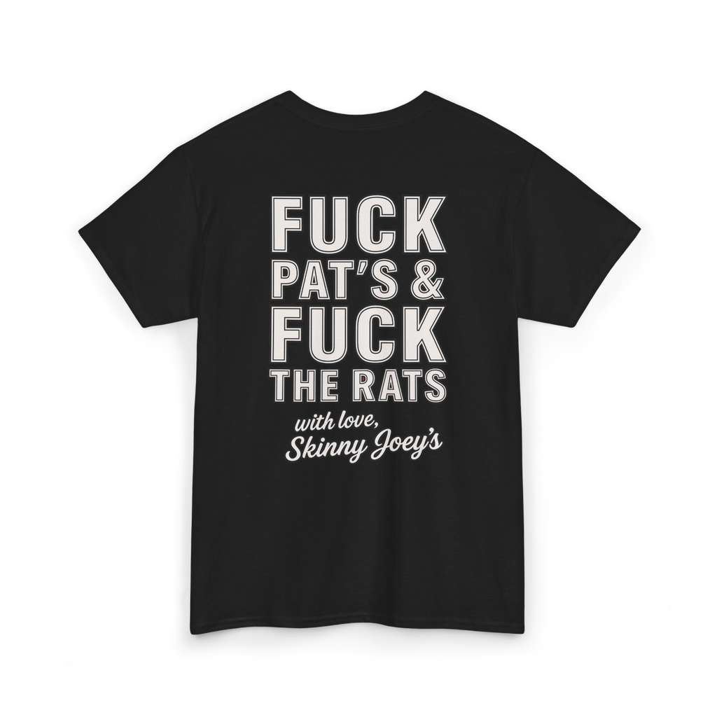 Black t-shirt with white text on a white background