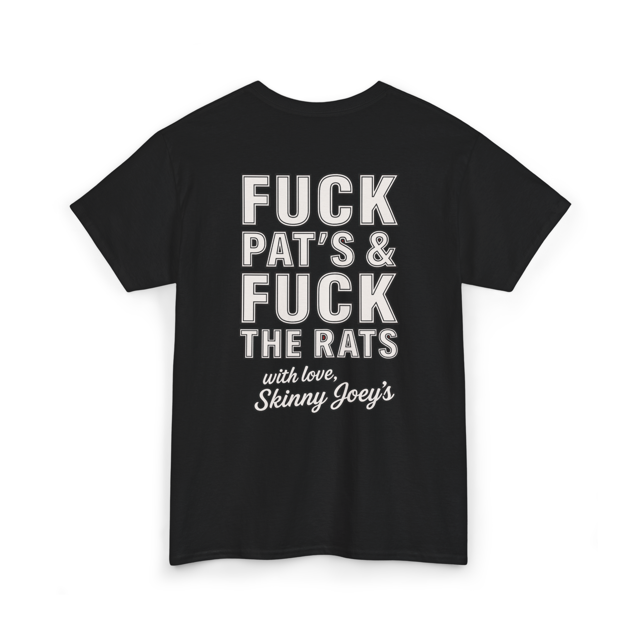 Black t-shirt with white text on a white background