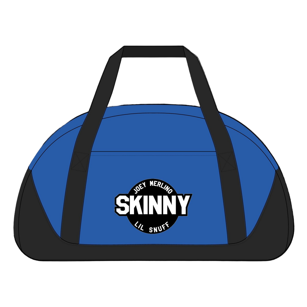 Blue duffel bag with black straps and 'SKINNY' logo on a white background