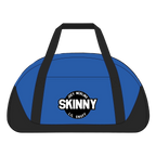 Blue duffel bag with black straps and 'SKINNY' logo on a white background