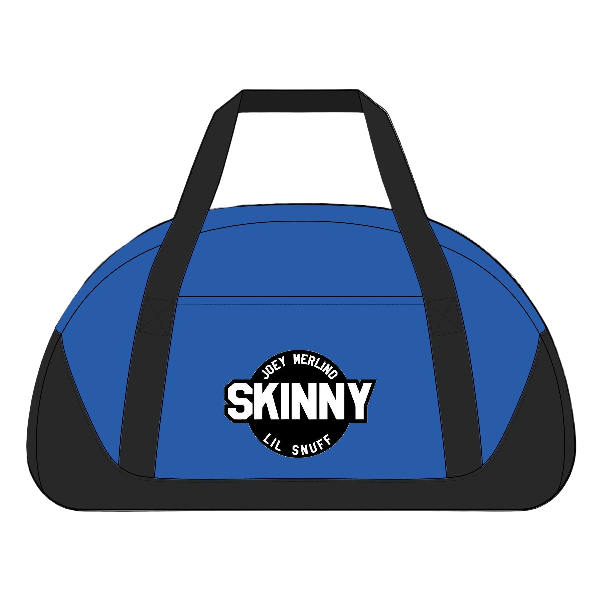 Blue duffel bag with black straps and 'SKINNY' logo on a white background