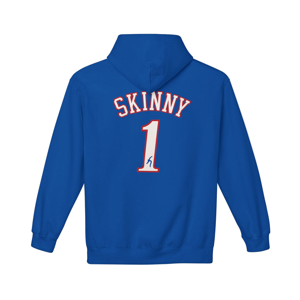 Blue hoodie with 'SKINNY 1' printed on the back against a white background