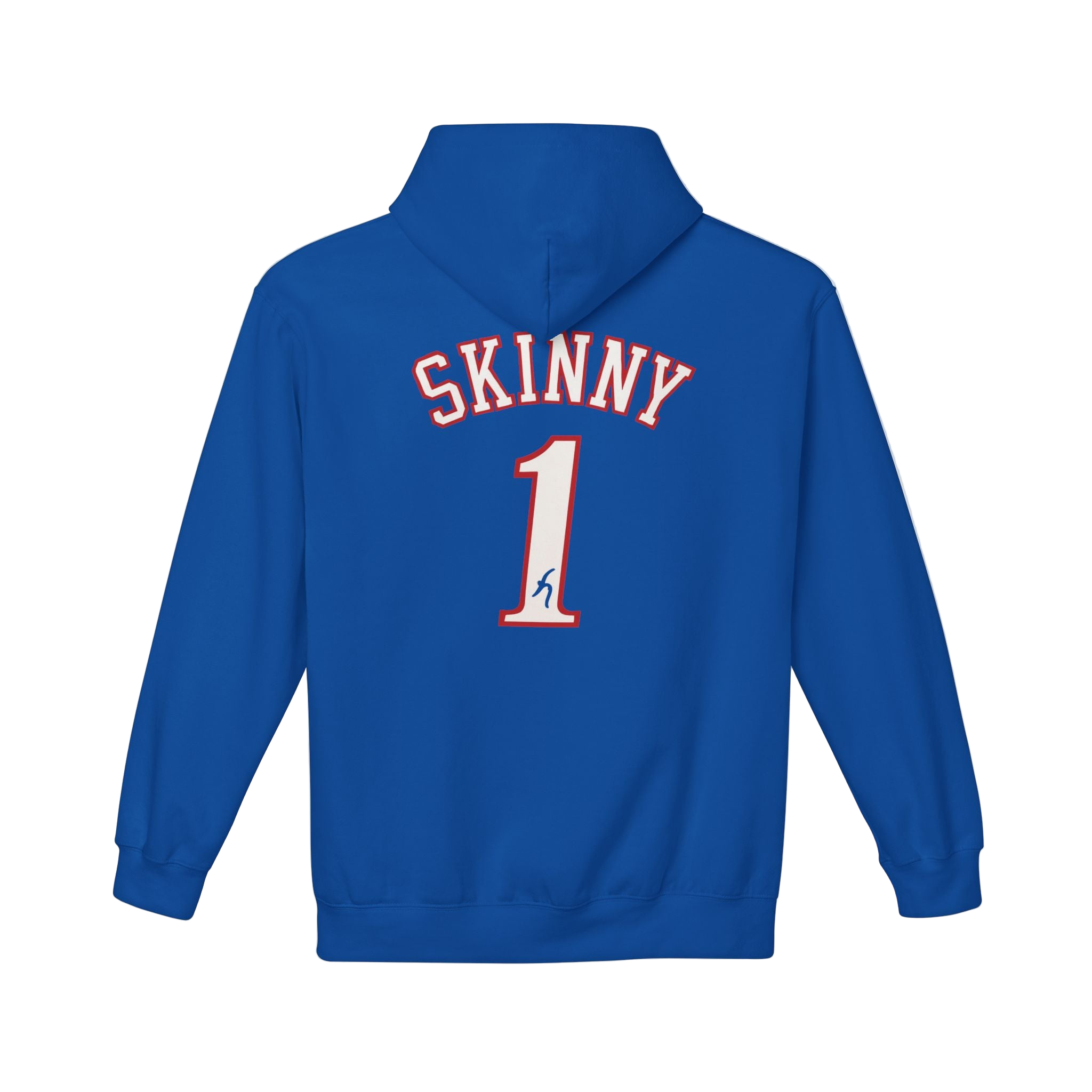 Blue hoodie with 'SKINNY 1' printed on the back against a white background