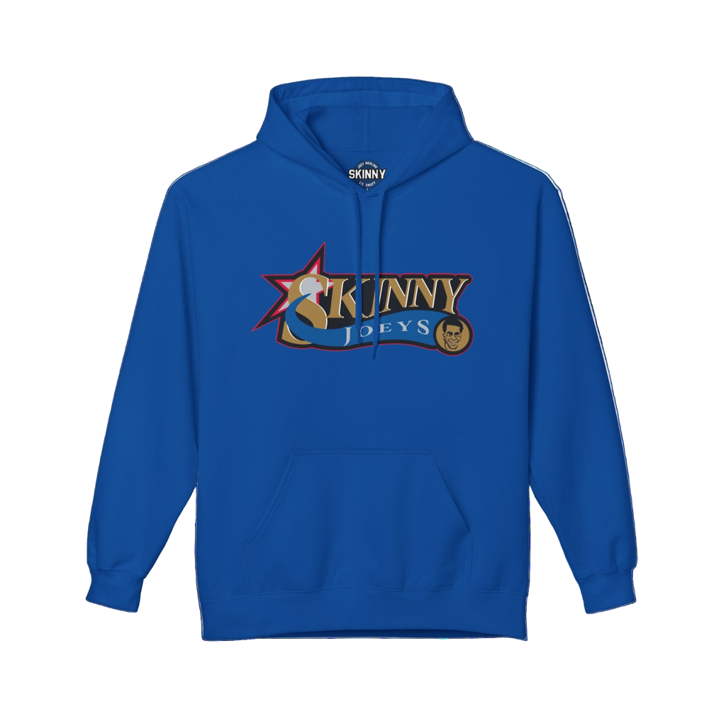 Blue hoodie with 'Skinny Joey's' logo on a white background