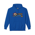 Blue hoodie with 'Skinny Joey's' logo on a white background