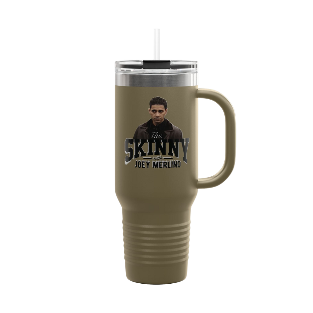 Brown travel mug with a handle featuring a person and text on a white background