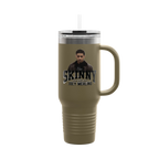Brown travel mug with a handle featuring a person and text on a white background
