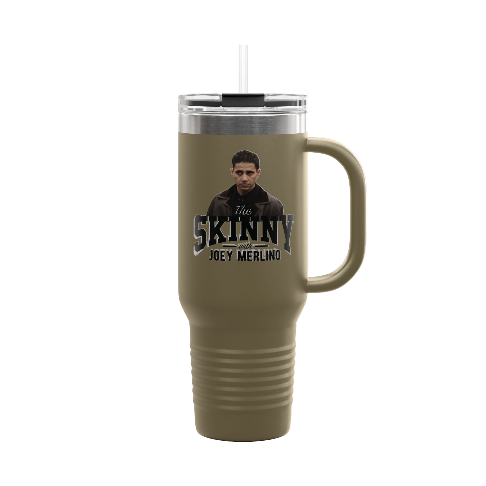 Brown travel mug with a handle featuring a person and text on a white background