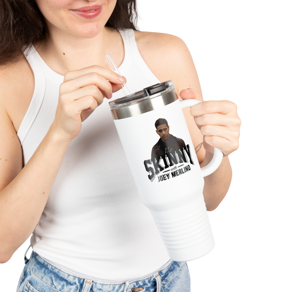 Person holding a mug with a graphic design on a white background