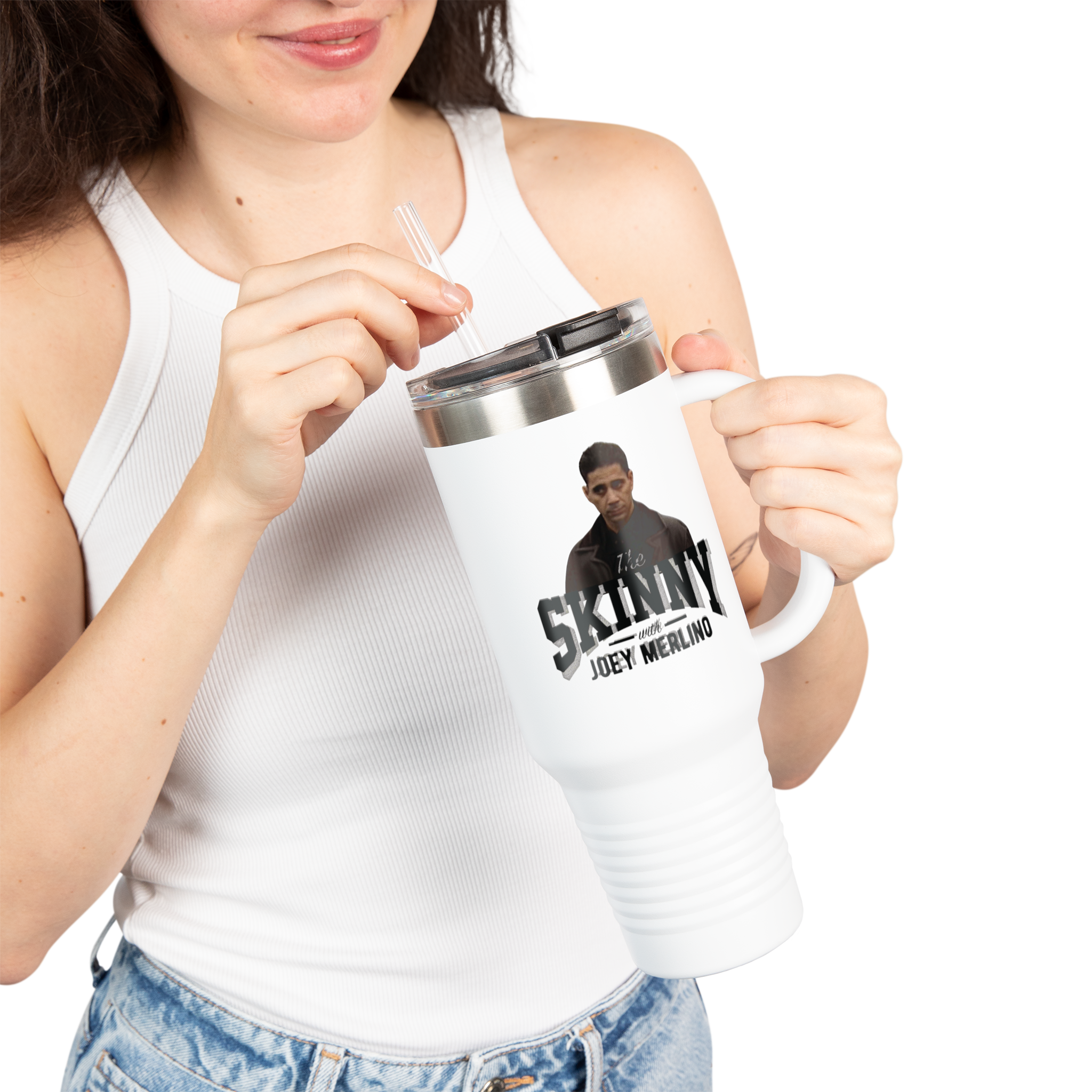 Person holding a mug with a graphic design on a white background