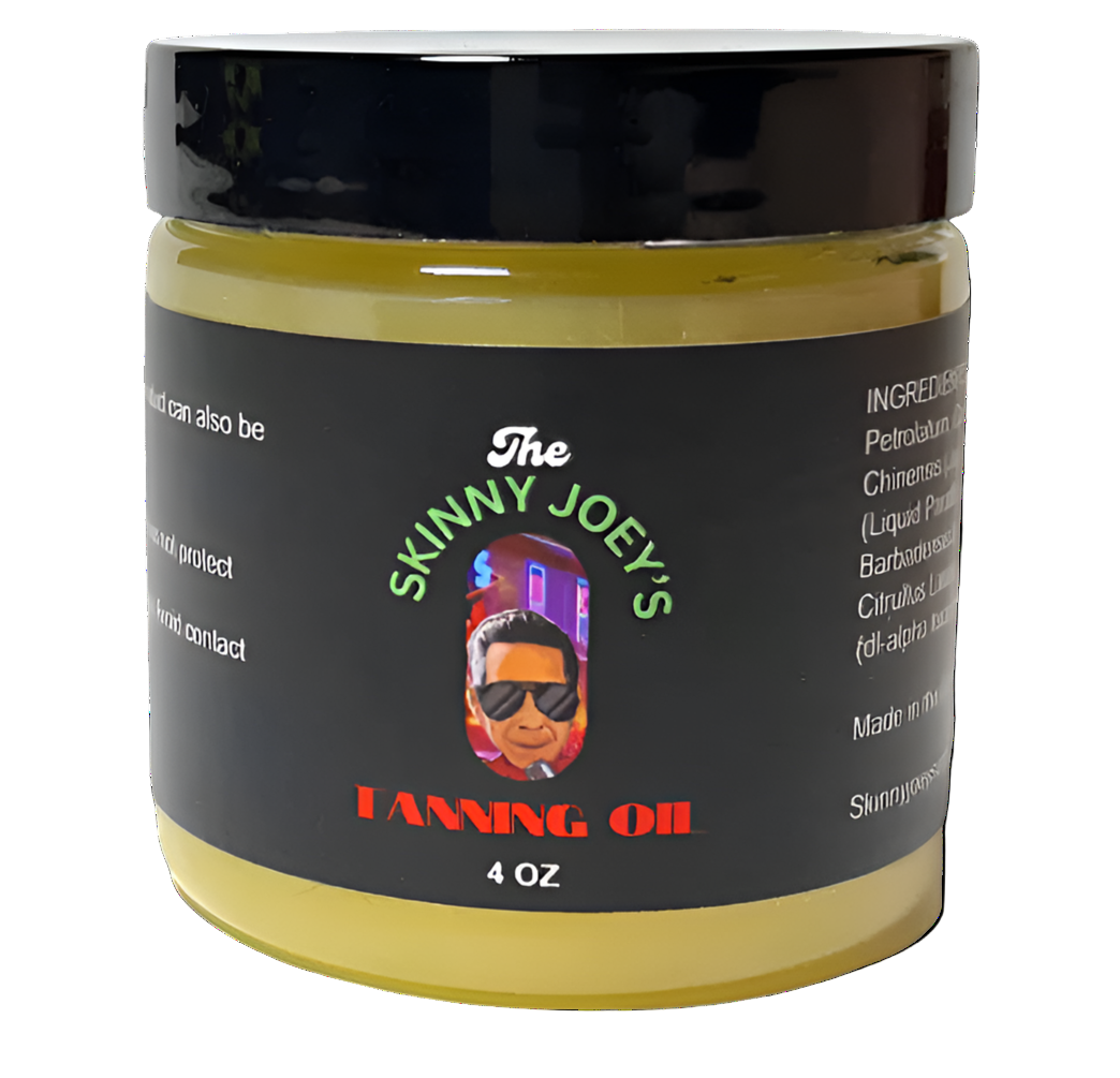 Jar of 'The Skinny Joey's Tanning Oil' with a black label featuring branding and product details.