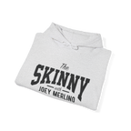 Folded gray hoodie with 'The Skinny with Joey Merlin' text on a white background