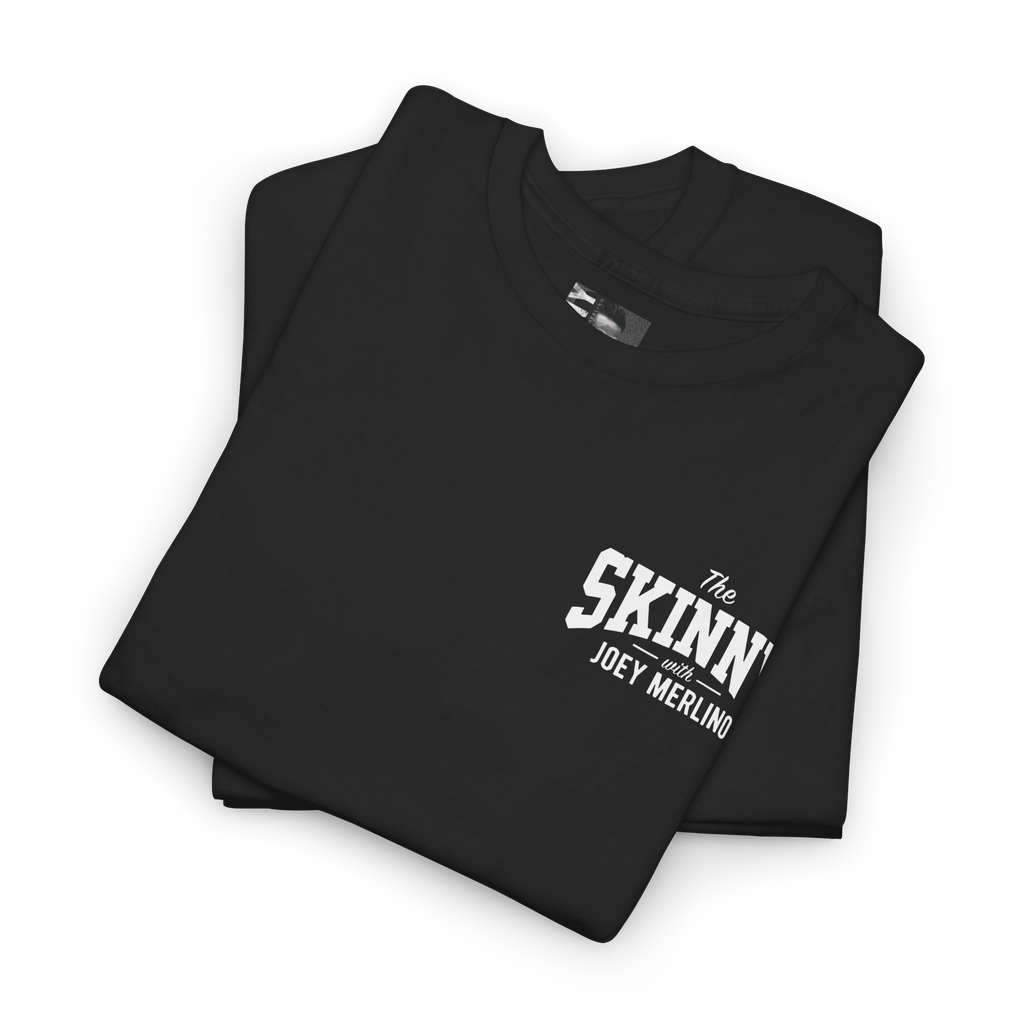 Folded black hoodie with 'Skinny Joey's Cheesesteaks' logo on a white background