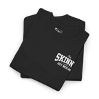 Folded black hoodie with 'Skinny Joey's Cheesesteaks' logo on a white background