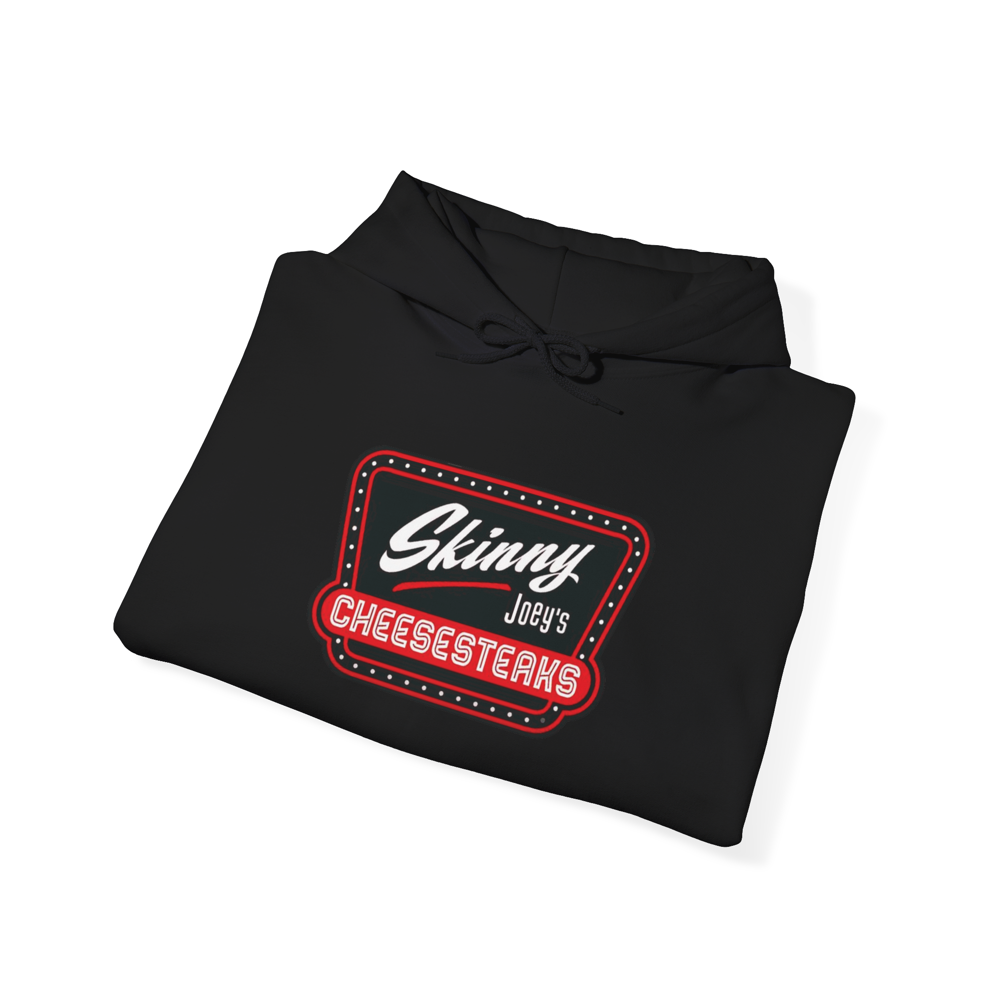 Folded black hoodie with 'Skinny Joey's Cheesesteaks' logo on a white background