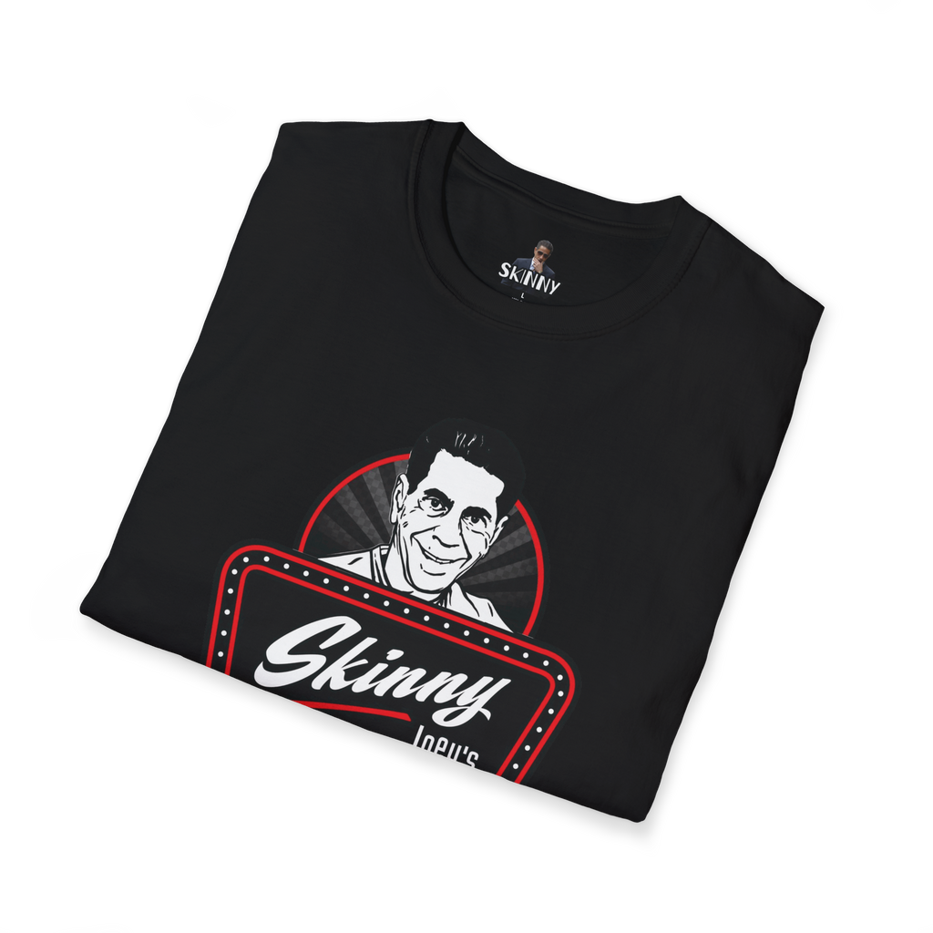 Folded black t-shirt with 'Skinny' logo on a white background