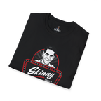 Folded black t-shirt with 'Skinny' logo on a white background