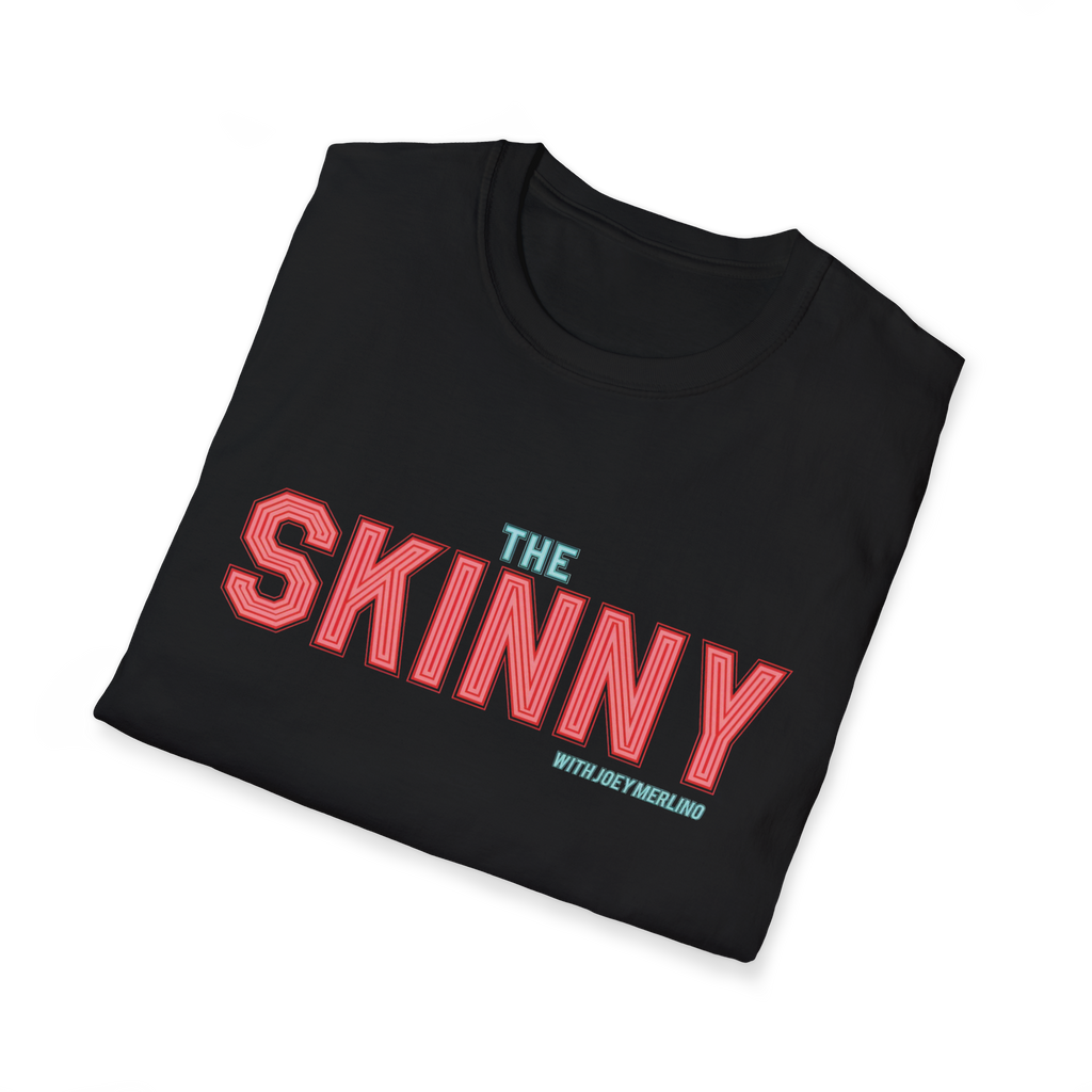 Folded black t-shirt with 'The Skinny' text in red and blue on a white background