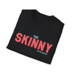 Folded black t-shirt with 'The Skinny' text in red and blue on a white background