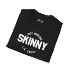 Folded black t-shirt with white text on a white background