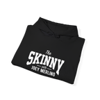 Black hoodie with 'The Skinny with Joey Merlin' text on a white background