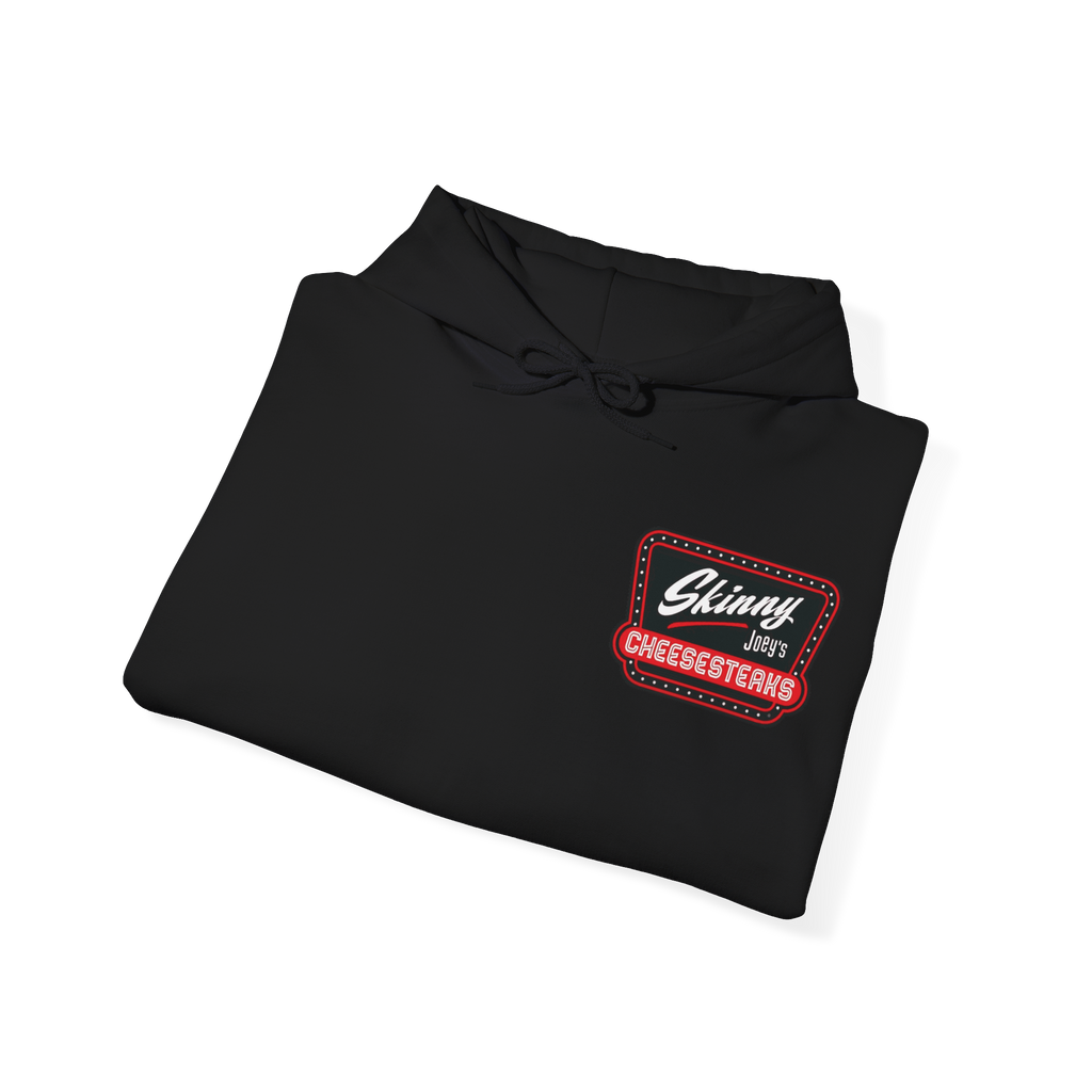 Folded black hoodie with 'Slipny Cheesesteaks' logo on a white background