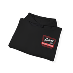 Folded black hoodie with 'Slipny Cheesesteaks' logo on a white background