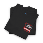 Black t-shirt with red and white graphic design on a white background