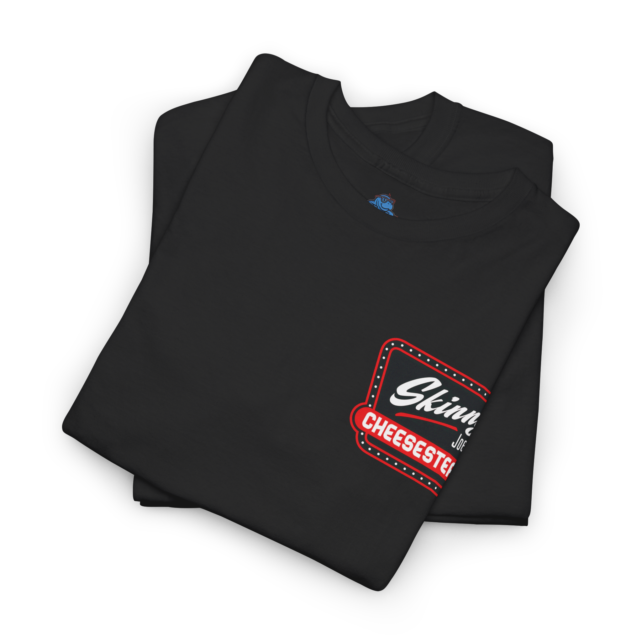 Black t-shirt with red and white graphic design on a white background