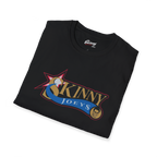 Folded black t-shirt with 'Skinny Joey's' logo on a white background
