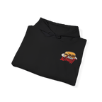 Black hoodie with a graphic design on a white background