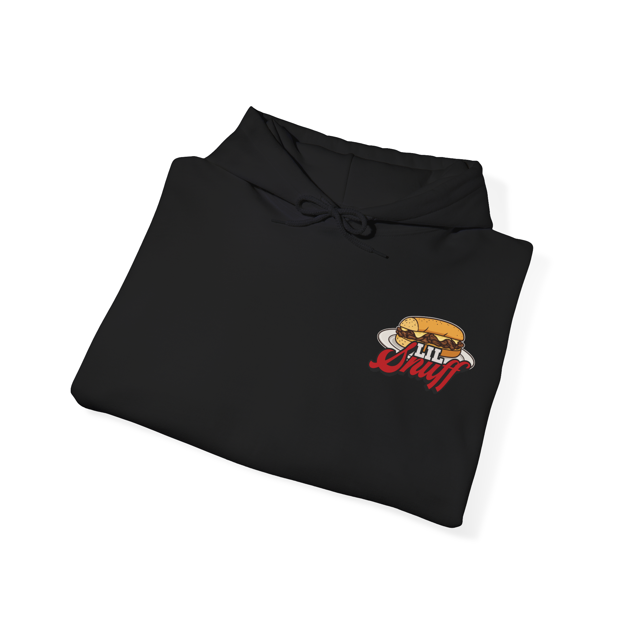 Black hoodie with a graphic design on a white background