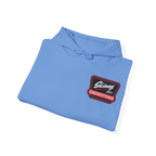 Folded blue hoodie with 'The Skinny with Joey Merlin' text on a white background