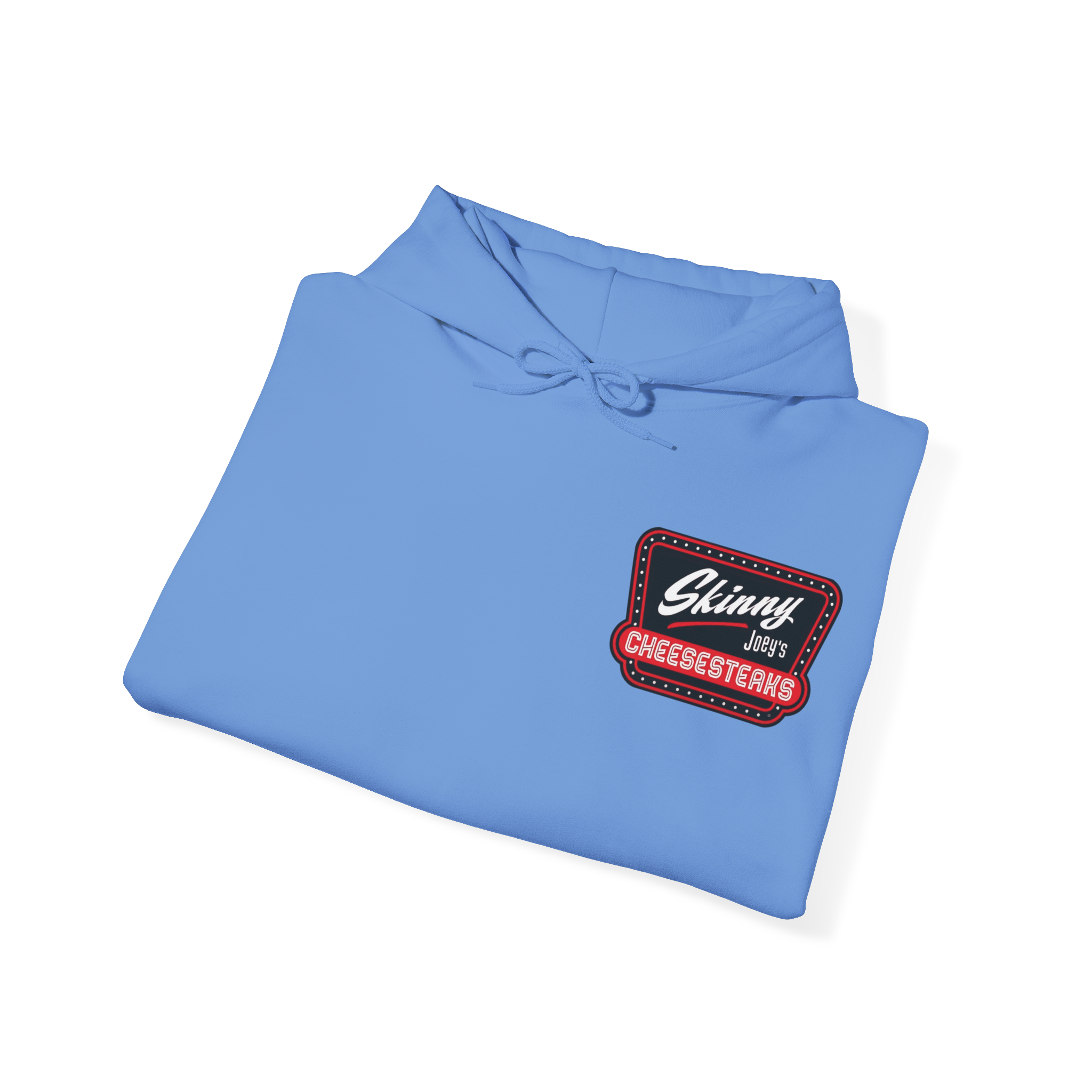 Folded blue hoodie with 'The Skinny with Joey Merlin' text on a white background