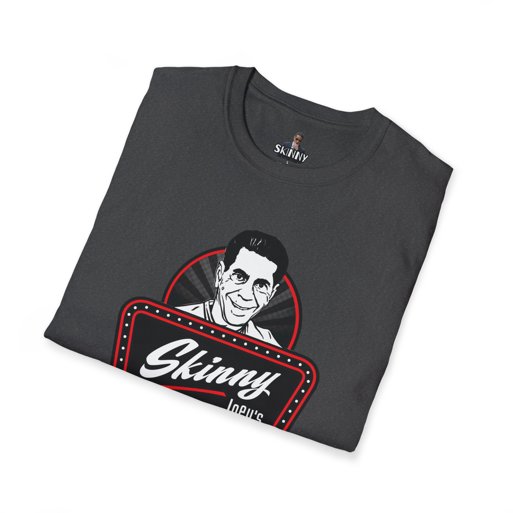 Folded black t-shirt with 'Skinny' logo on a white background