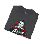 Folded black t-shirt with 'Skinny' logo on a white background