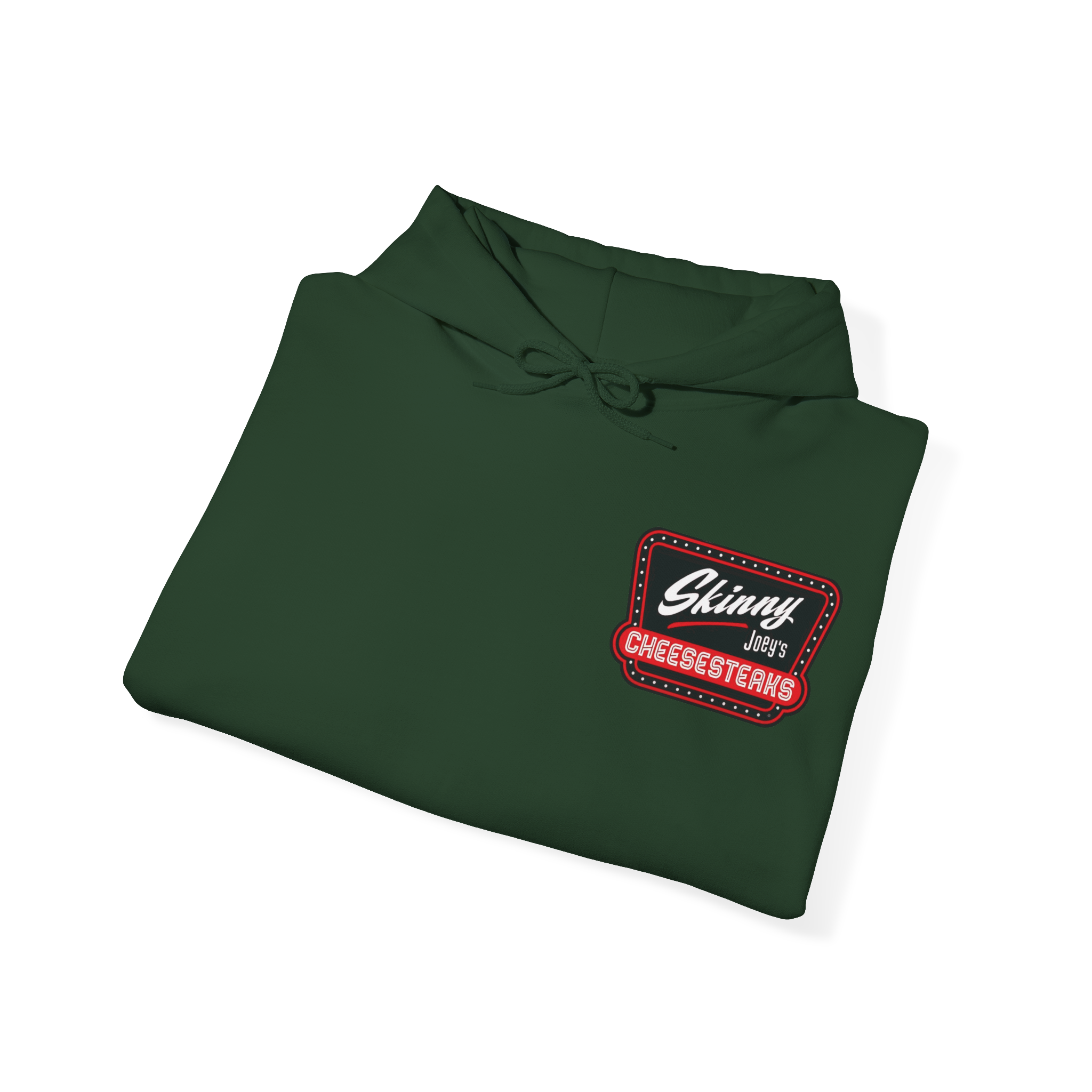 Folded green hoodie with a logo on a white background