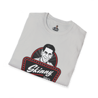 Folded gray t-shirt with 'Skinny' logo on a white background