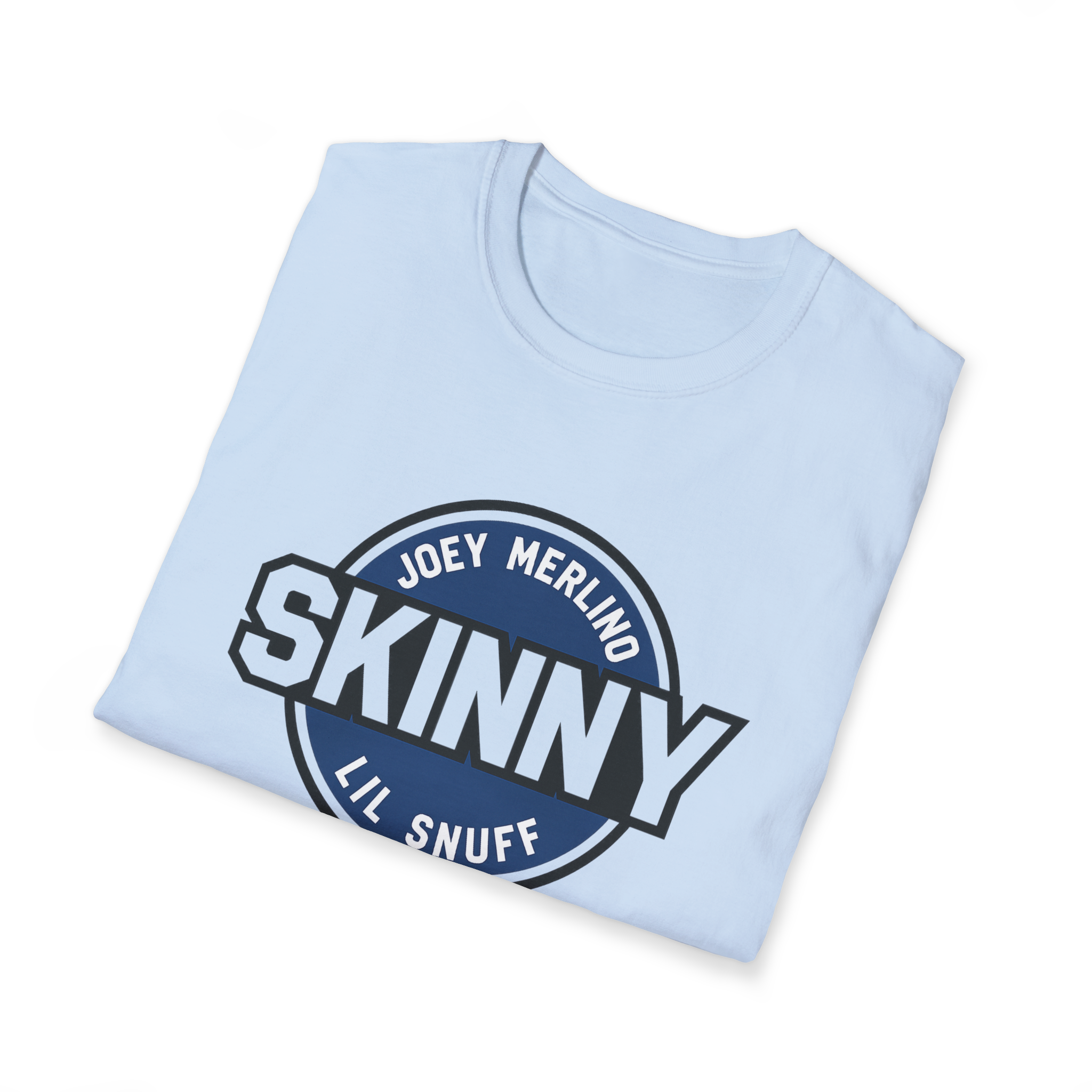 Light blue t-shirt with 'Joey Merling Skinny Lil Snuff' print on a white background