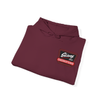 Folded maroon hoodie with a logo on a white background
