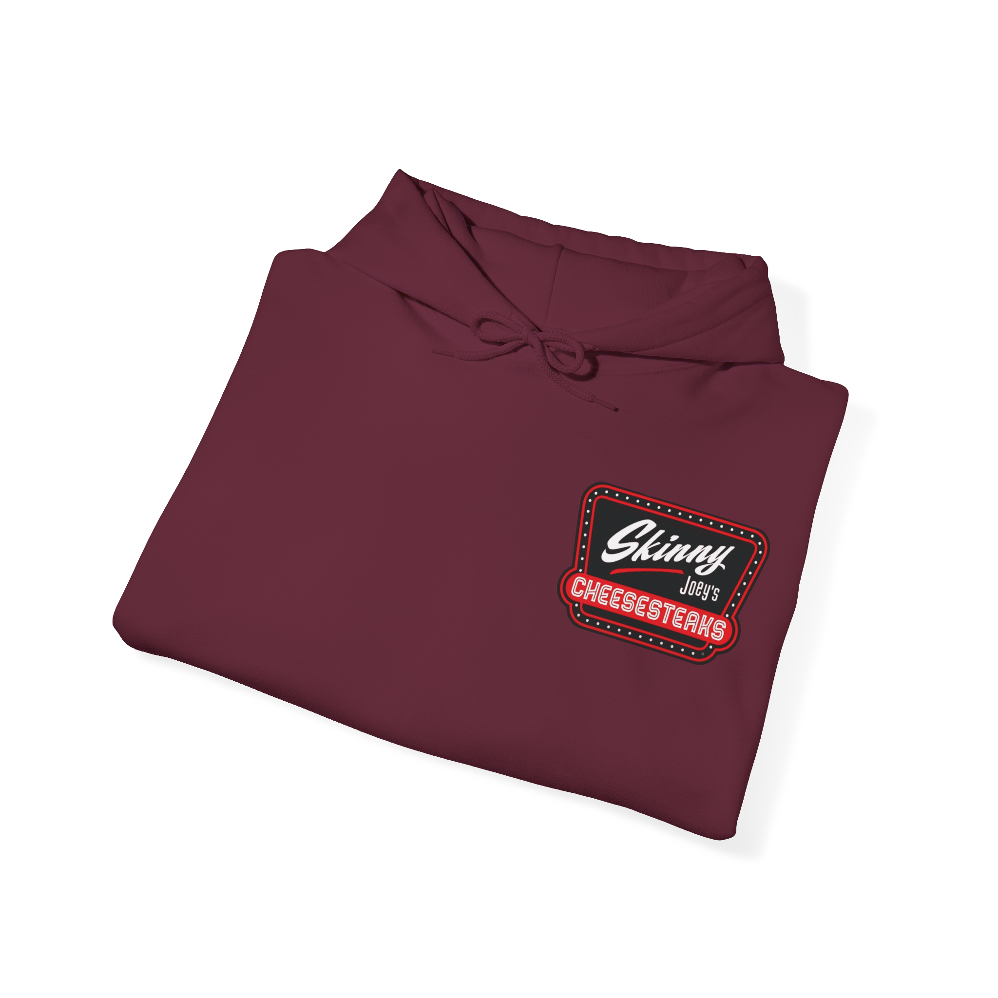 Folded maroon hoodie with a logo on a white background