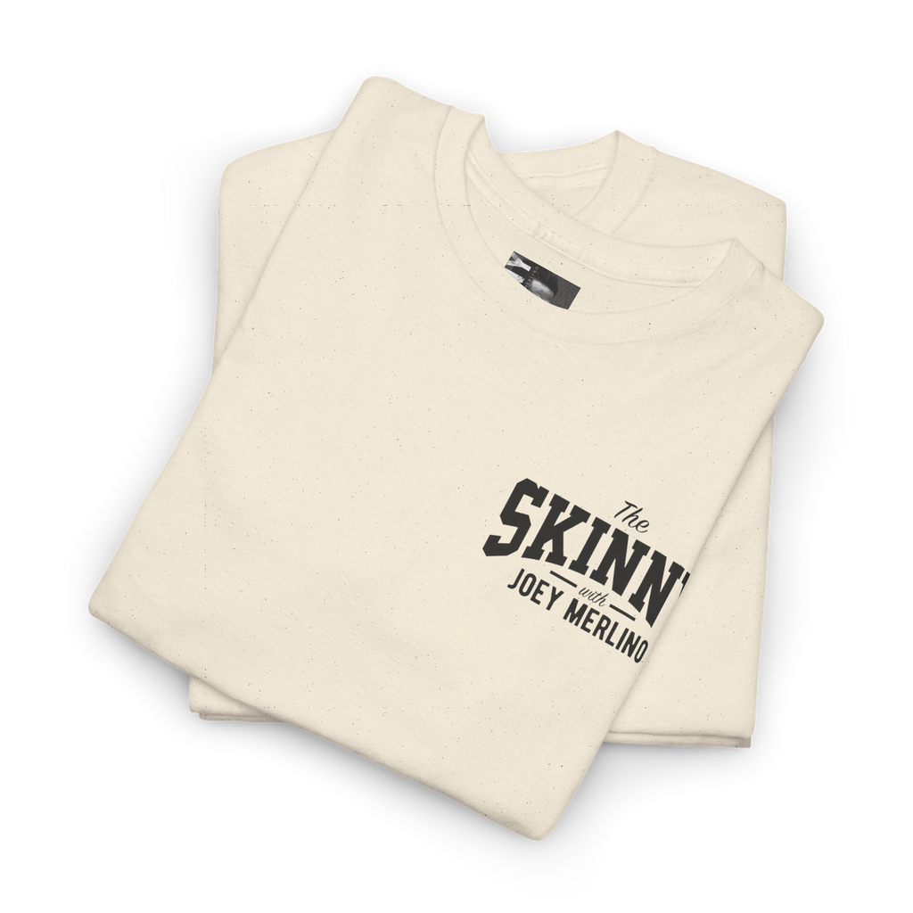 Folded beige sweatshirt with 'The Skinn with Joey Merlino' text on a white background