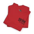 Folded red t-shirt with 'The Skinn' text on a white background