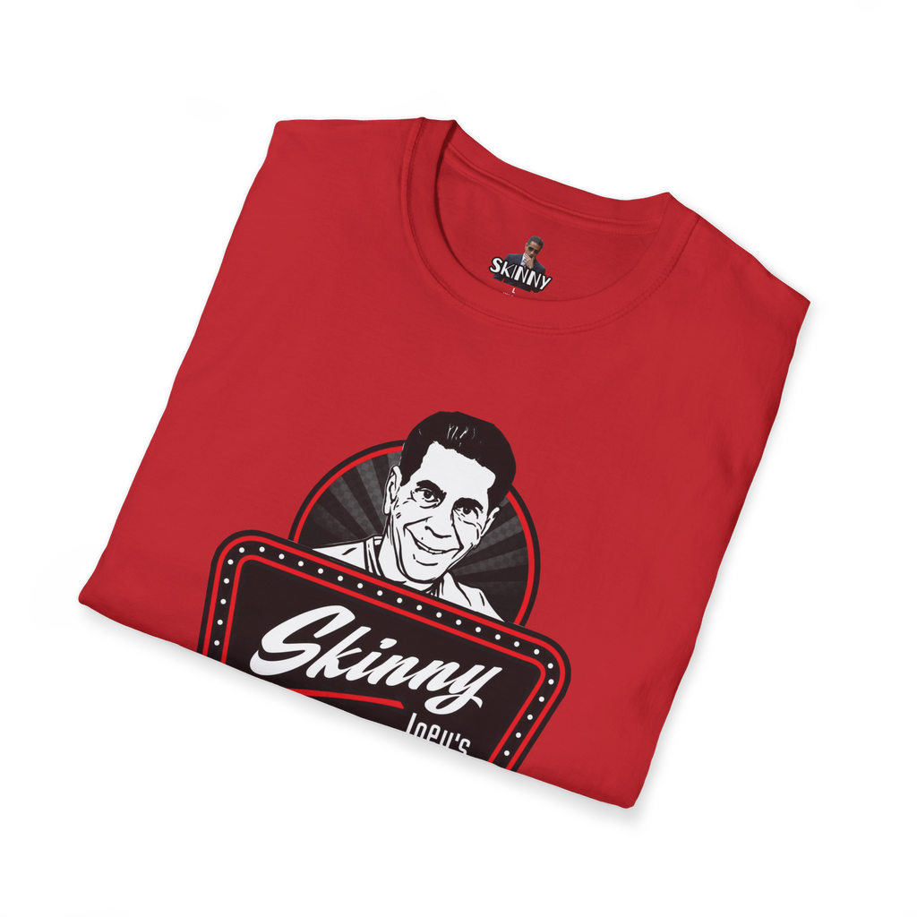 Folded red t-shirt with 'Skinny' graphic design on a white background